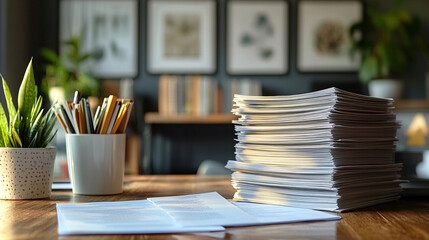 cluttered desk stacked with folders and documents awaiting review, symbolizing workload, organization, and administrative duties in a busy office environment under pressure