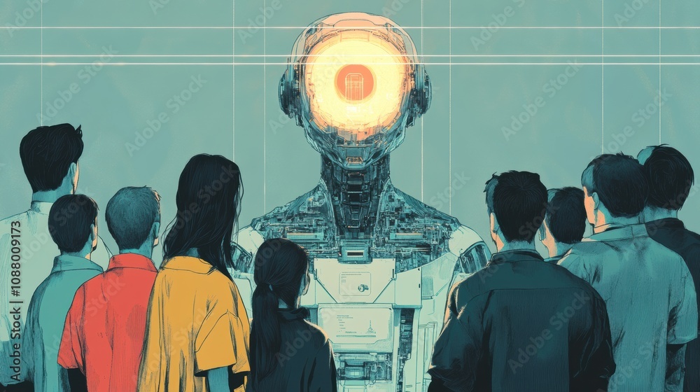 Fototapete a diverse group of individuals gathers to observe an abstract ai system at a technology event, engag
