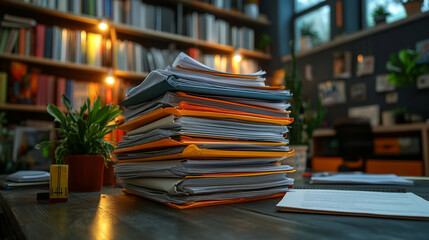 cluttered desk stacked with folders and documents awaiting review, symbolizing workload, organization, and administrative duties in a busy office environment under pressure