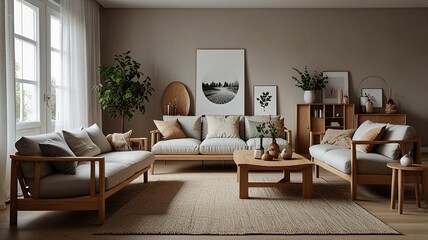 Fototapeta premium Cozy living room interior, Scandinavian style. Wooden furniture and elegant.