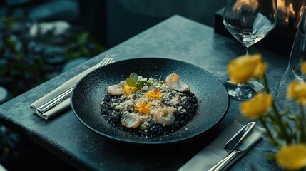 Elegant Plate of Gourmet Risotto with Shrimp Garnished with Edible Flowers on a Stylish Table Setting Surrounded by Fresh Flowers and Wine Glass