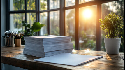 cluttered desk stacked with folders and documents awaiting review, symbolizing workload, organization, and administrative duties in a busy office environment under pressure