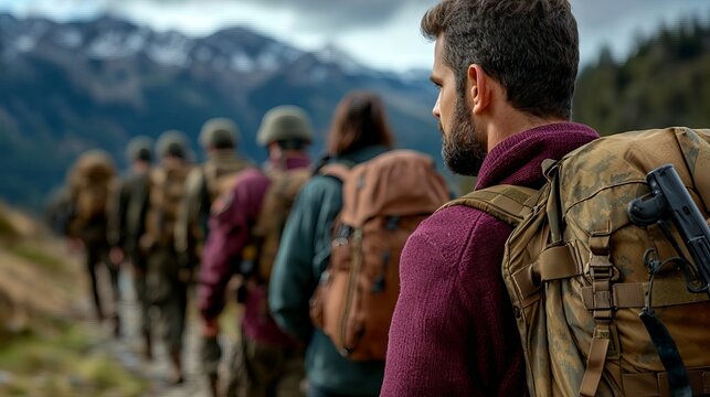 A determined male soldier in a maroon sweater leads a group of fellow soldiers along a rugged mountain trail. - Powered by Adobe