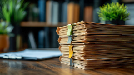 cluttered desk stacked with folders and documents awaiting review, symbolizing workload, organization, and administrative duties in a busy office environment under pressure