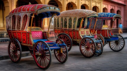 Fototapeta premium Colorful traditional rickshaws displayed in a vibrant cultural setting.