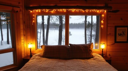 Fototapeta premium Cozy Bedroom with Decorative Lights Overlooking a Snowy Landscape, Winter Retreat Style, Inviting Atmosphere for Relaxation and Comfort in Nature