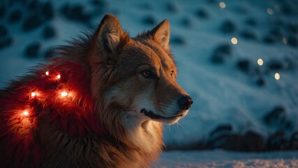 Naklejka premium A Festive Wolf enjoys the enchanting Winter Wonderland adorned with sparkling Holiday Lights