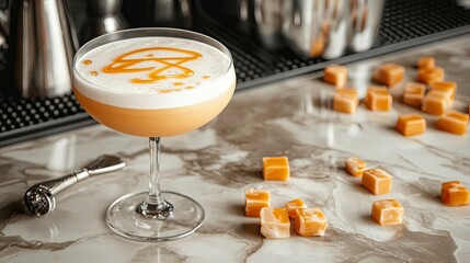 Elegant Cocktail with Foam and Caramel Garnish on Marble Bar Counter, Showcasing Modern Mixology Techniques and Stylish Presentation