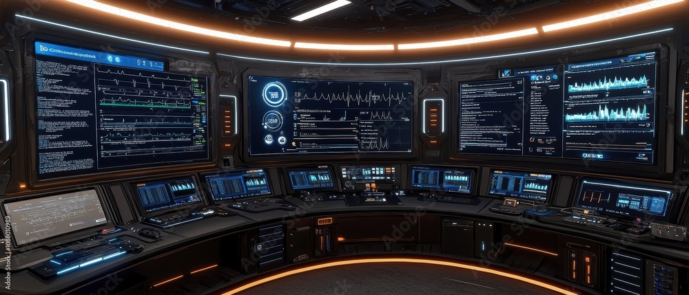 Poster futuristic control room with high-tech screens and monitors displaying data analytics, graphs, and i
