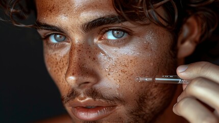 Handsome man applying serum with eyedropper, close-up in studio, antiaging skincare and wellness photography