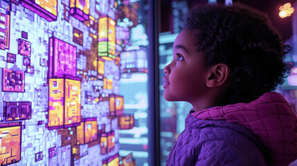 child exploring vibrant virtual world in digital environment child in Tech Concept.