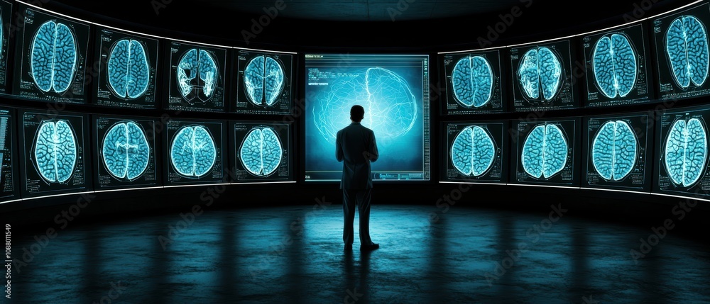 Poster a researcher analyzing multiple brain scans in a high-tech lab environment with digital displays and