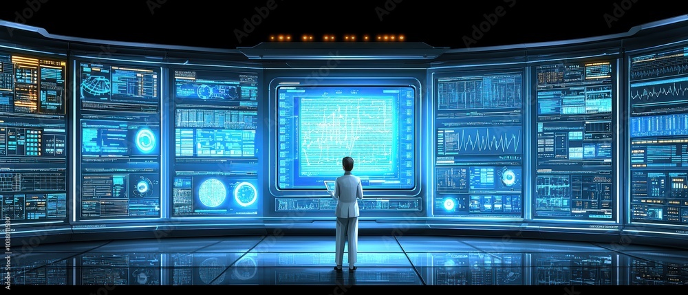 Poster a futuristic control room with advanced technology showcasing data analysis through multiple display