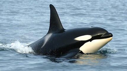 Obraz premium A close-up of an orca swimming in the ocean, showcasing its distinctive black and white coloration.