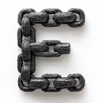 letter E formed interconnected rough chain links set clean white background highlighting its industrial style and potential use artistic representations designs.