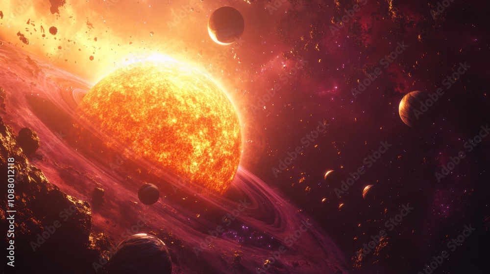 Wall mural stunning cosmic scene featuring a bright sun surrounded by colorful planets and ethereal space eleme