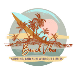 Apparel t shirt fashion summer print beach, hawaii, surfing and palms. Retro style poster, vacation vibes