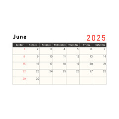 2025 calendar template. June layout with week starting on Sunday. Vector illustration