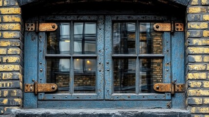  Weathered blue window in brick wall.