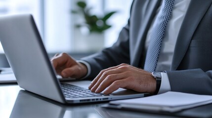 Businessman working on laptop in an office.