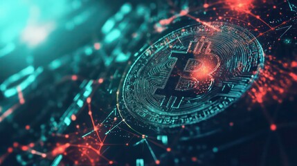 A close-up of a glowing Bitcoin cryptocurrency coin, with red and blue lines connecting to it, representing the decentralized nature of blockchain technology.