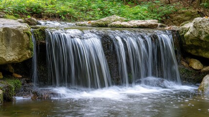 Obraz premium Serene Waterfall Cascading Over Rocks in Lush Green Forest Setting, Capturing the Tranquility of Nature in Vibrant Detail and Soft Light