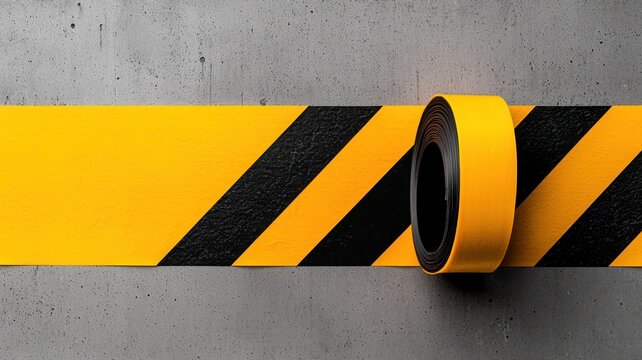 Life saving Safety Concept. A close-up of yellow caution tape with black stripes, partially unrolled on a concrete surface, emphasizing safety and hazard warnings.