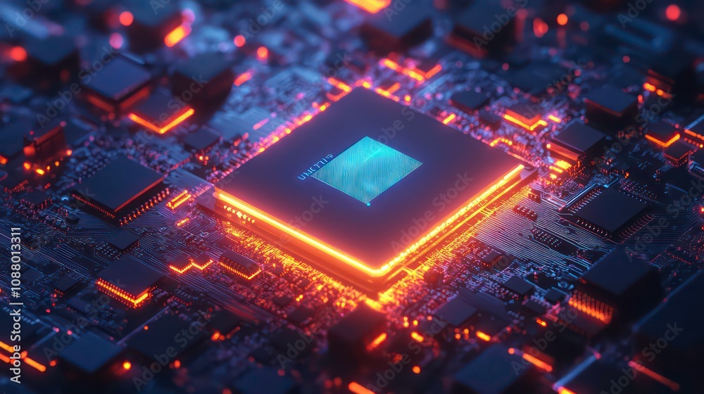 Poster concept cpu microchip for ai and data network. close-up view of modern chip gpu card with circuit bl