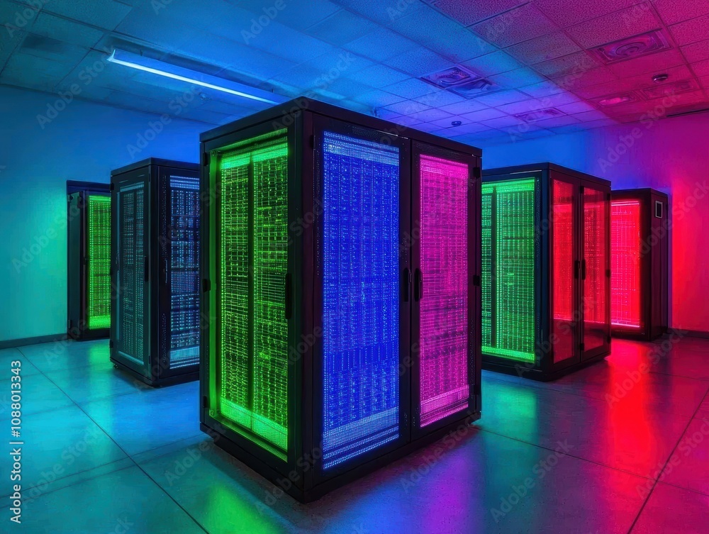 Poster futuristic data center with colorful led lights showcasing computer servers in a high-tech environme