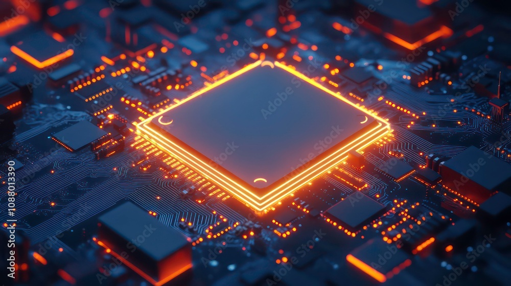 Poster concept cpu microchip for ai and data network. close-up view of modern chip gpu card with circuit bl