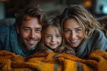 A close-up upside-down shot of a family lying on a sofa, all smiling and having fun together