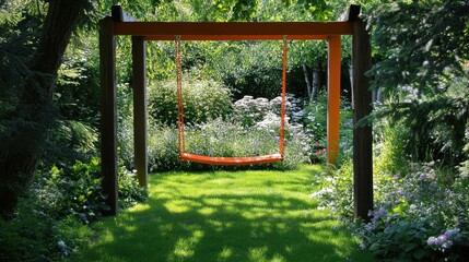 Peaceful Garden Swing in Lush Green Surroundings: A Serene Outdoor Retreat for Relaxation and Enjoyment Amidst Nature's Beauty