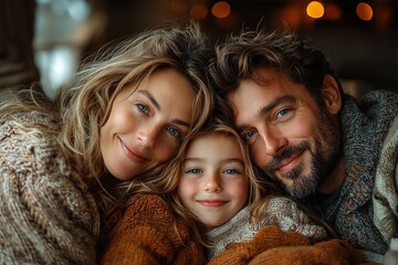 A close-up upside-down shot of a family lying on a sofa, all smiling and having fun together