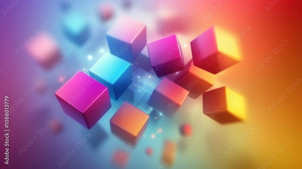 Poster abstract 3d colorful cubes in motion with soft light effects creating a vibrant artistic background 