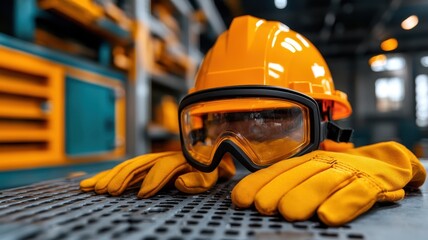 Life saving Safety Concept. A close-up of safety gear, featuring an orange hard hat, goggles, and gloves on a textured surface, emphasizing workplace safety.