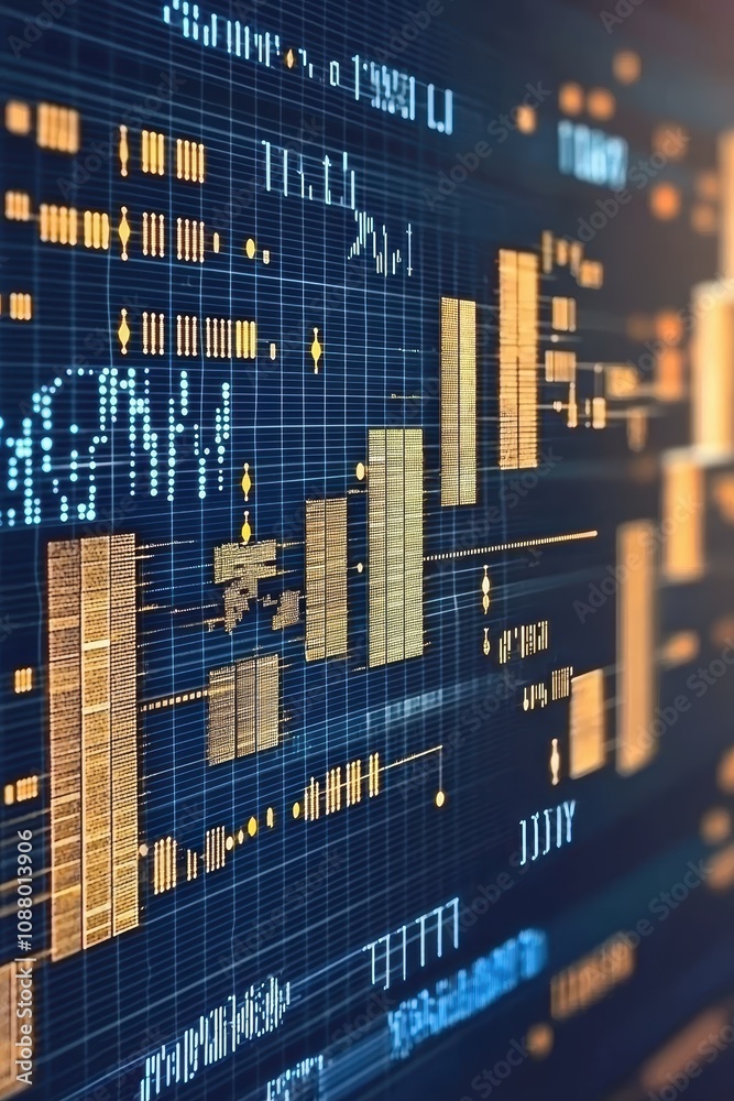 Poster abstract financial data visualization with colorful graphs and charts representing stock market tren