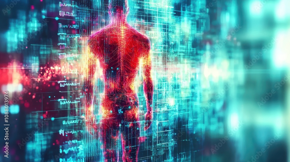 Poster abstract representation of a human figure silhouetted against a backdrop of colorful digital data an