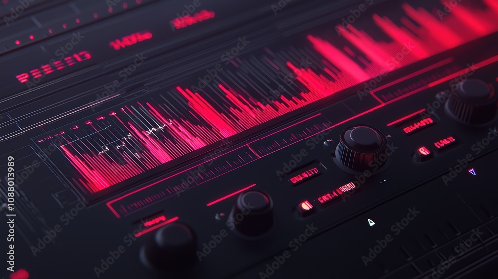 Poster abstract close-up of a digital equalizer display with colorful audio spectrum waveforms, showcasing 