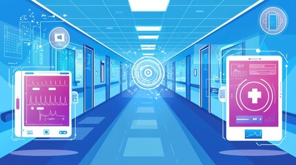 Futuristic Hospital Corridor Featuring Advanced Medical Technology, Digital Device Interfaces, and Cutting-Edge Health Monitoring Systems for Enhanced Patient Care and Data Analysis