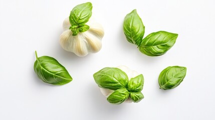 Fototapeta premium Two whole garlic bulbs with green basil leaves on white background.