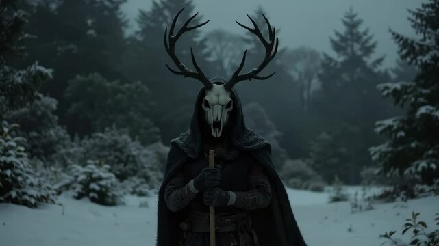 Pagan shaman wearing in horn animal skull and cloak on blurred winter landscape. Wiccan religion. Slavic or Scandinavian culture. Mystical magic ritual for celebrating Yule, New Year