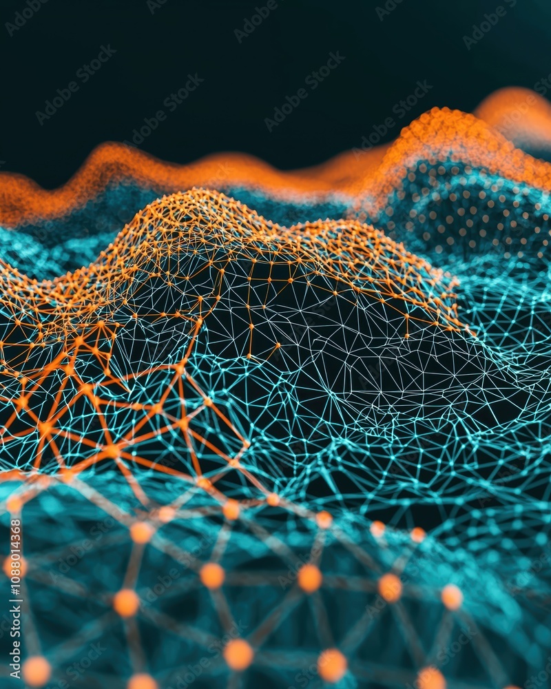Poster Abstract Network Visualization with Connected Nodes in Vibrant Orange and Blue Color Palette Reflecting Complex Data Structures and Digital Connectivity