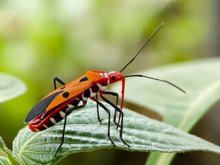 Dysdercus cingulatus on a leaf with blurred background