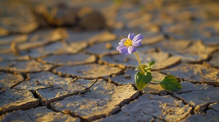 A solitary flower blooms on cracked earth, symbolizing resilience in a harsh environment.