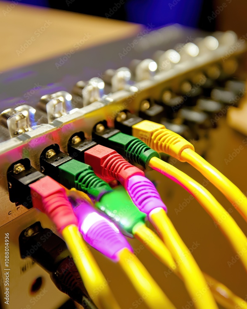 Poster close-up of colorful ethernet cables connected to networking device in a modern technology setup for
