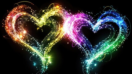 Bright and Colorful Sparkling Hearts with Light Trails on a Black Background for Romantic Themes and Designs