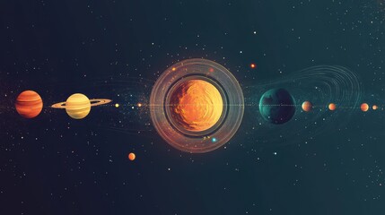 Colorful Representation of Solar System Featuring Planets and Their Illustrative Orbits in a Cosmic Background with Stars and Space Elements