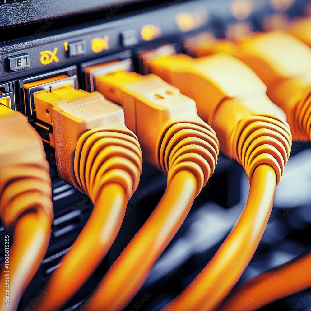 Poster close-up of brightly colored ethernet cables connected to network switch with modern technology text