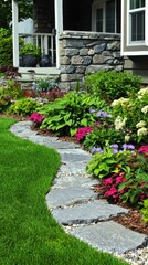 Naklejka premium Charming Garden Pathway with Colorful Flowers and Stone Edging Leading to a Cozy Home Exterior in a Lush Green Landscape