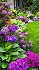 Vibrant Floral Garden with Colorful Hydrangeas, Hostas, and Bright Green Grass Displaying the Beauty of Nature in a Suburban Landscape